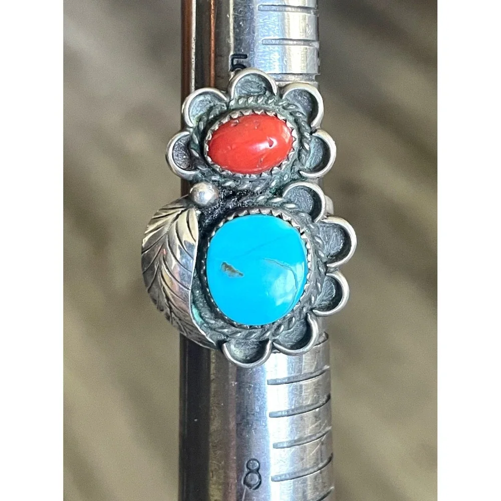 Navajo Sterling Silver Turquoise Coral Ring Handmade Split Shank Size 7.25